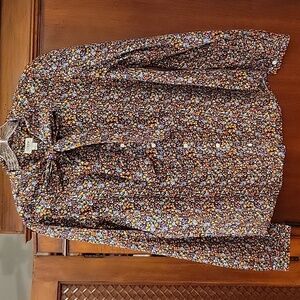 J.CREW | 98% Cotton Floral Button Up Long Sleeve Blouse with Tie Neckline - L